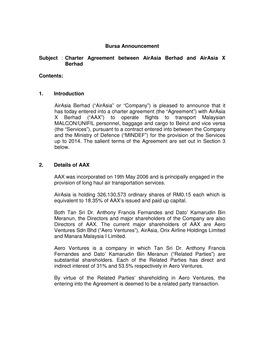 Bursa Announcement Subject : Charter Agreement Between
