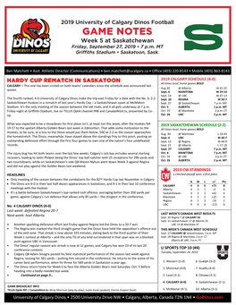 GAME NOTES Week 5 at Saskatchewan Friday, September 27, 2019 • 7 P.M