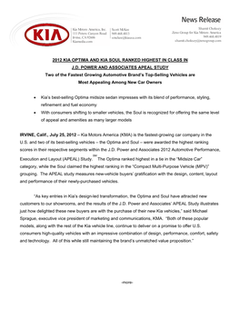 2012 Kia Optima and Kia Soul Ranked Highest in Class in J.D