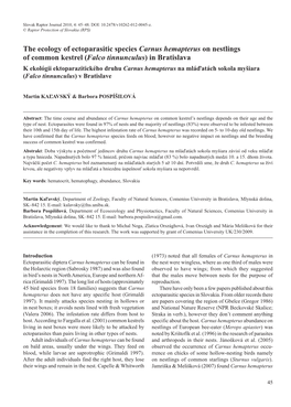 The Ecology of Ectoparasitic Species Carnus Hemapterus on Nestlings Of