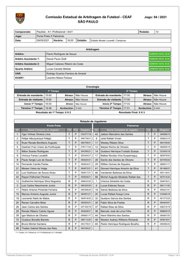 Comissão Estadual De Arbitragem De Futebol - CEAF Jogo: 94 / 2021 SÃO PAULO