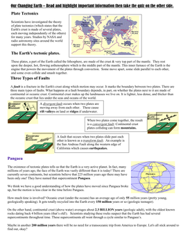 Plate Tectonics the Earth's Tectonic Plates. Three Types Of