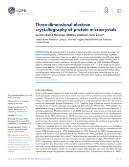 Three-Dimensional Electron Crystallography of Protein Microcrystals Dan Shi†, Brent L Nannenga†, Matthew G Iadanza†, Tamir Gonen*