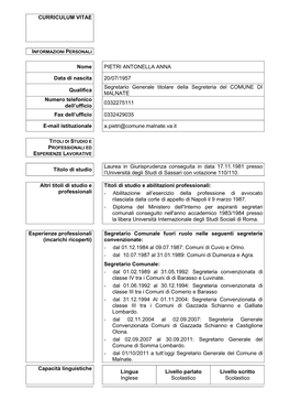 CURRICULUM VITAE Nome PIETRI ANTONELLA ANNA Data Di Nascita 20/07/1957 Qualifica Segretario Generale Titolare Della Segreter