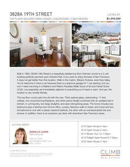 3828A 19Th Street Listed at Top Floor Dolores Park Condo | 2 Bedrooms / 2 Bathrooms $1,095,000