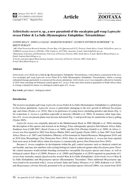 Selitrichodes Neseri N. Sp., a New Parasitoid of the Eucalyptus Gall Wasp Leptocybe Invasa Fisher & La Salle (Hymenoptera: Eulophidae: Tetrastichinae)