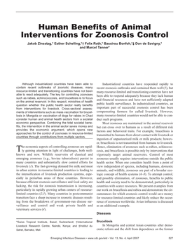 Human Benefits of Animal Interventions for Zoonosis Control Jakob Zinsstag,* Esther Schelling,*† Felix Roth,* Bassirou Bonfoh,*‡ Don De Savigny,* and Marcel Tanner*