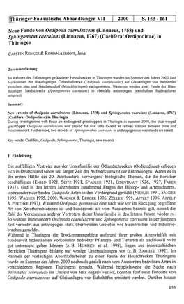 Thüringer Faunistische Abhandlungen VII 2000 S. 153 -161 Neue Funde Von Oedipoda Caerulescens (Linnaeus, 1758) Und Sphingonotus