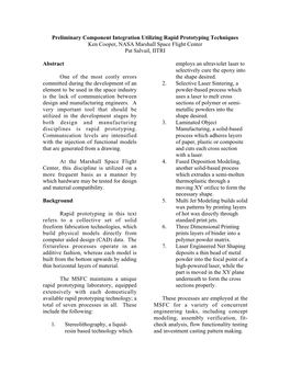 Preliminary Component Integration Utilizing Rapid Prototyping Techniques Ken Cooper, NASA Marshall Space Flight Center Pat Salvail, IITRI