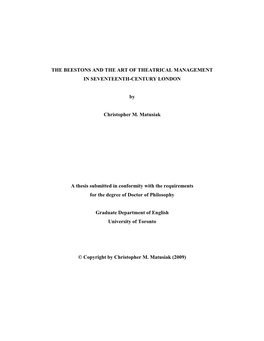 The Beestons and the Art of Theatrical Management in Seventeenth-Century London