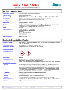 SAFETY DATA SHEET Halocarbon R-12 (Dichlorodifluoromethane)