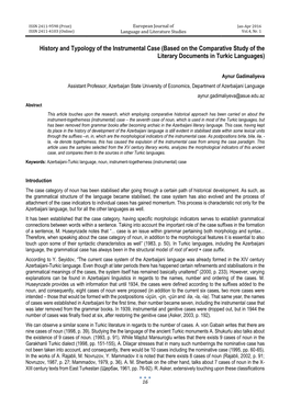 History and Typology of the Instrumental Case (Based on the Comparative Study of the Literary Documents in Turkic Languages)