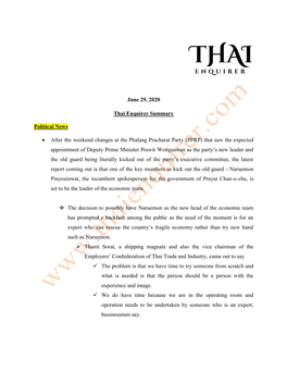 June 29, 2020 Thai Enquirer Summary Political News • After the Weekend Changes at the Phalang Pracharat Party (PPRP) That