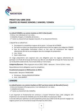 Projet Eau Libre 2018 Équipes De France Seniors / Juniors / Comen