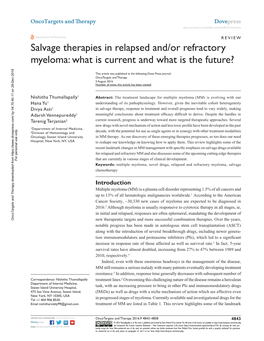 Salvage Therapies in Relapsed And/Or Refractory Myeloma: What Is Current and What Is the Future?