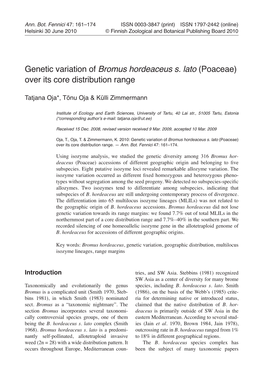 Genetic Variation of Bromus Hordeaceus S. Lato (Poaceae) Over Its Core Distribution Range