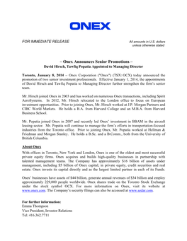 – Onex Announces Senior Promotions – David Hirsch, Tawfiq Popatia Appointed to Managing Director