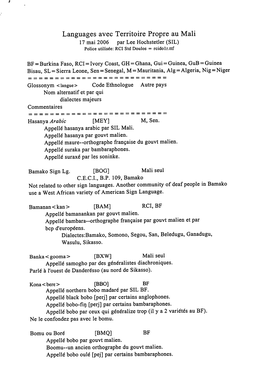 Languages Avec Territoire Propre Au Mali 17 Mai 2006 Par Lee Hochstetler (SIL) Police Utilise'e: RCI Std Doulos = Rcidolr.Ttf