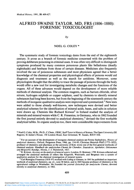Alfred Swaine Taylor, Md, Frs (1806-1880): Forensic Toxicologist
