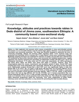 Knowledge, Attitudes and Practices Towards Rabies in Dedo District of Jimma Zone, Southwestern Ethiopia: a Community Based Cross-Sectional Study