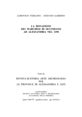 La Donazione Dei Marchesi Di Occimiano Ad Alessandria Nel 1198