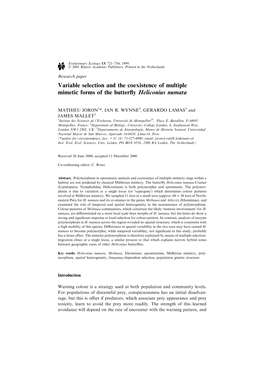 Variable Selection and the Coexistence of Multiple Mimetic Forms of the Butterfly Heliconius Numata