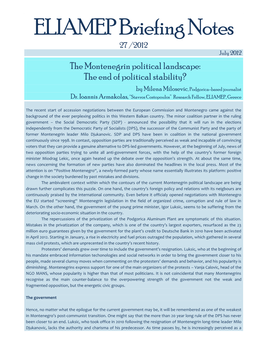 The Montenegrin Political Landscape: the End of Political Stability? by Milena Milosevic, Podgorica-Based Journalist Dr