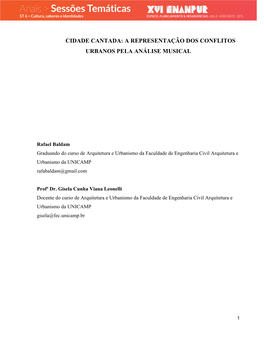 Cidade Cantada: a Representação Dos Conflitos Urbanos Pela Análise Musical