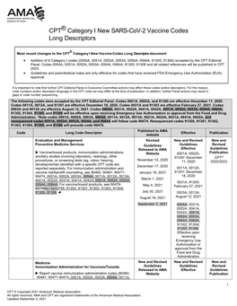 CPT ® Category I New SARS-Cov-2 Vaccine Codes Long Descriptors