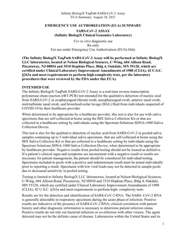 Infinity Biologix Taqpath SARS-Cov-2 Assay EUA Summary: August 18, 2021
