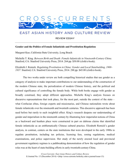 Gender and the Politics of Female Infanticide and Prostitution Regulation Margaret Kuo, California State University, Long Beach