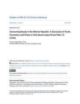 Consuming Beauty in the Weimar Republic: a Discussion of Youth, Cosmetics, and Power in Vicki Baum's Play Pariser Platz 13 (1930)