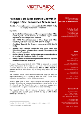 Venturex Delivers Further Growth in Copper-Zinc Resources & Reserves