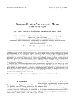 Risks Posed by Heracleum Sosnowskyi Manden in the Rivne Region