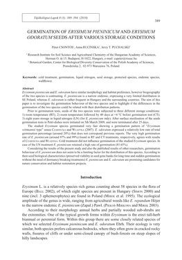 Germination of Erysimum Pieninicum and Erysimum Odoratum Seeds After Various Storage Conditions