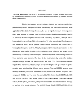 ABSTRACT AUERNIK, KATHRYNE SHERLOCK. Functional Genomics Analysis of Metal Mobilization by the Extremely Thermoacidophilic Archa