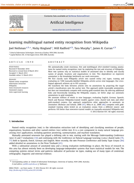 Learning Multilingual Named Entity Recognition from Wikipedia ∗ Joel Nothman A,B, , Nicky Ringland A,Willradforda,B,Taramurphya, James R