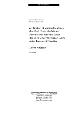 Verification of Vulnerable Zones Identified Under the Nitrate Directive \ and Sensitive Areas Identified Under the Urban Waste W