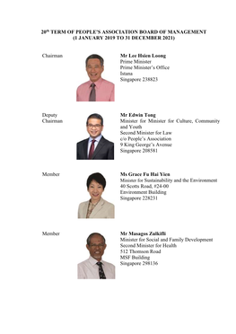 20Th TERM of PEOPLE's ASSOCIATION BOARD of MANAGEMENT (1 JANUARY 2019 to 31 DECEMBER 2021)