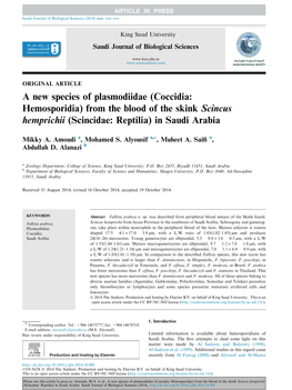 From the Blood of the Skink Scincus Hemprichii (Scincidae: Reptilia) in Saudi Arabia