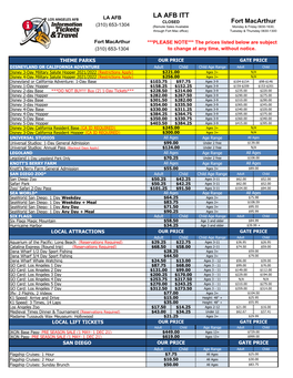 LA AFB LA AFB ITT CLOSED Fort Macarthur (310) 653-1304 (Remote Sales Available Monday & Friday 0830-1630, Through Fort Mac Office) Tuesday & Thursday 0830-1300