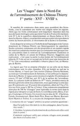 Les “Usages” Dans Le Nord-Est De L’Arrondissement De Château-Thierry Ièrepartie : XVI‘ - XVIII“ S