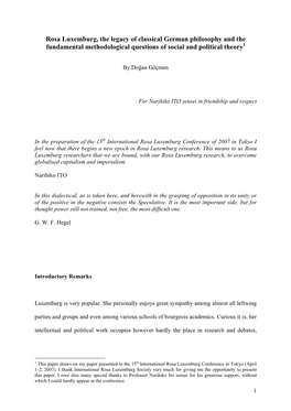 Rosa Luxemburg, the Legacy of Classical German Philosophy and the Fundamental Methodological Questions of Social and Political Theory1