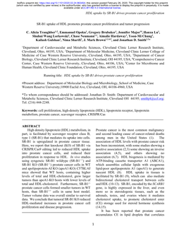 SR-B1 Uptake of HDL Promotes Prostate Cancer Proliferation and Tumor Progression