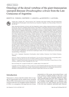 Osteology of the Dorsal Vertebrae of the Giant Titanosaurian Sauropod Dinosaur Dreadnoughtus Schrani from the Late Cretaceous of Argentina