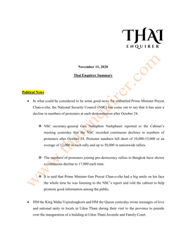 November 11, 2020 Thai Enquirer Summary Political News • in What