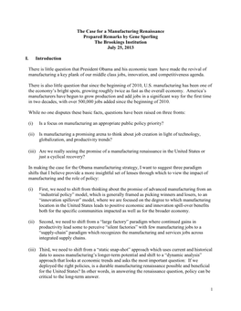 The Case for a Manufacturing Renaissance Prepared Remarks by Gene Sperling the Brookings Institution July 25, 2013