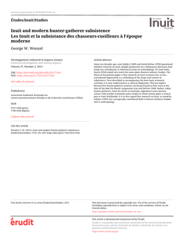 Inuit and Modern Hunter-Gatherer Subsistence Les Inuit Et La Subsistance Des Chasseurs-Cueilleurs À L’Époque Moderne George W