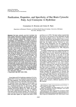 Purification, Properties, and Specificity of Rat Brain Cytosolic Fatty Acyl Coenzyme a Hydrolase