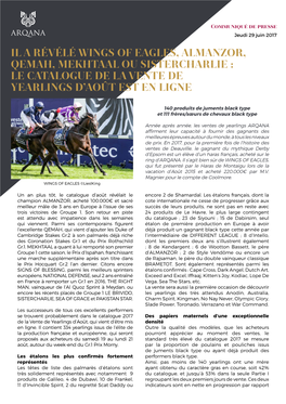 Il a Révélé Wings of Eagles, Almanzor, Qemah, Mekhtaal Ou Sistercharlie : Le Catalogue De La Vente De Yearlings D’Août Est En Ligne